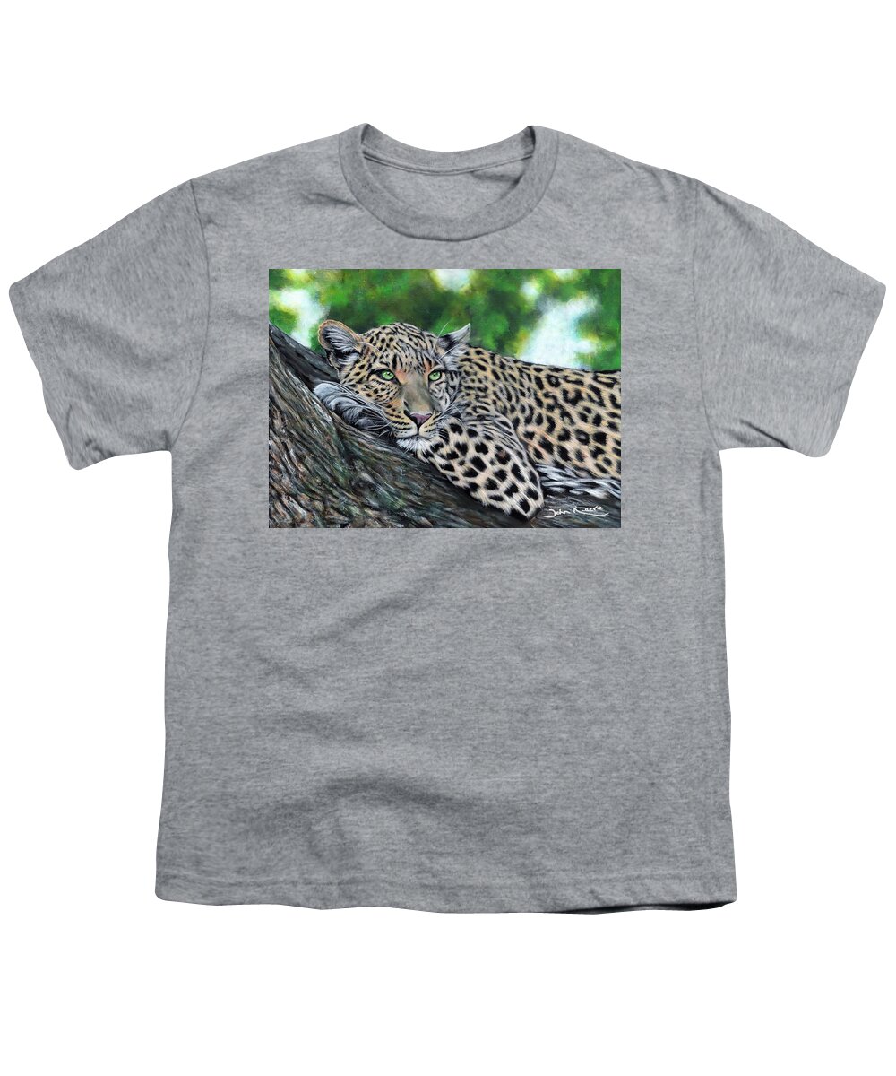 Leopard Youth T-Shirt featuring the painting Leopard on Branch by John Neeve