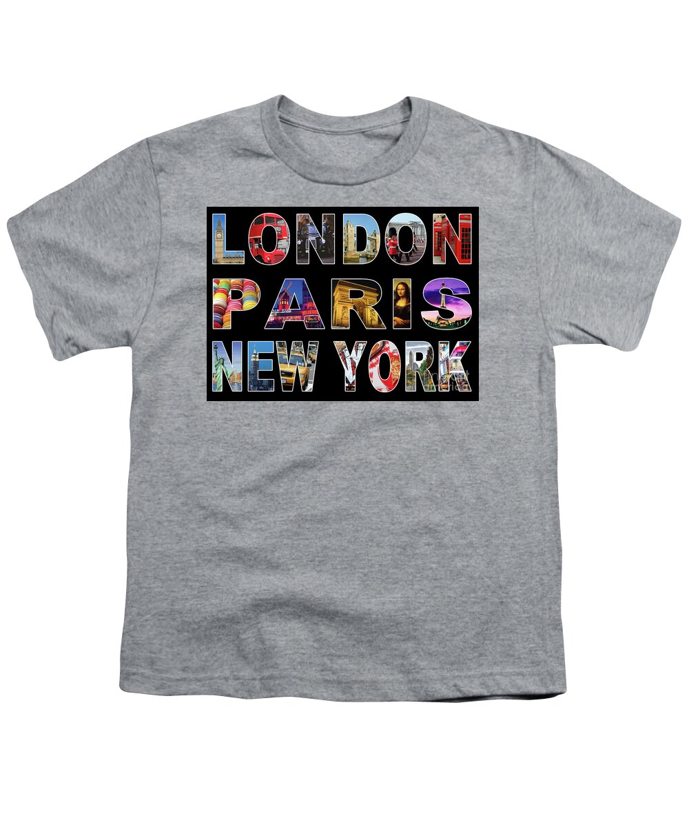 Cities Youth T-Shirt featuring the digital art London Paris New York, Black Background by MGL Meiklejohn Graphics Licensing