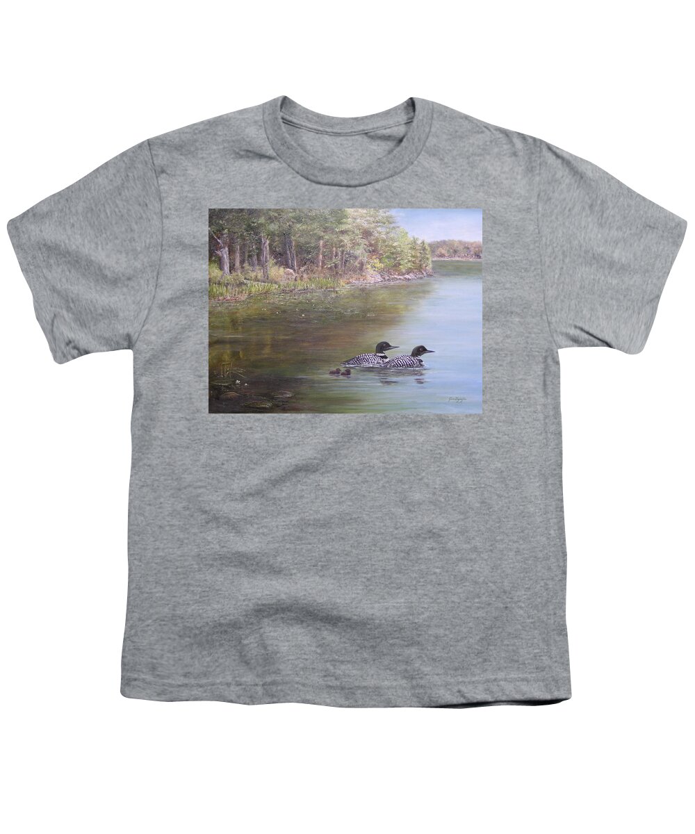 Loon Youth T-Shirt featuring the painting Loon Family 1 by Jan Byington