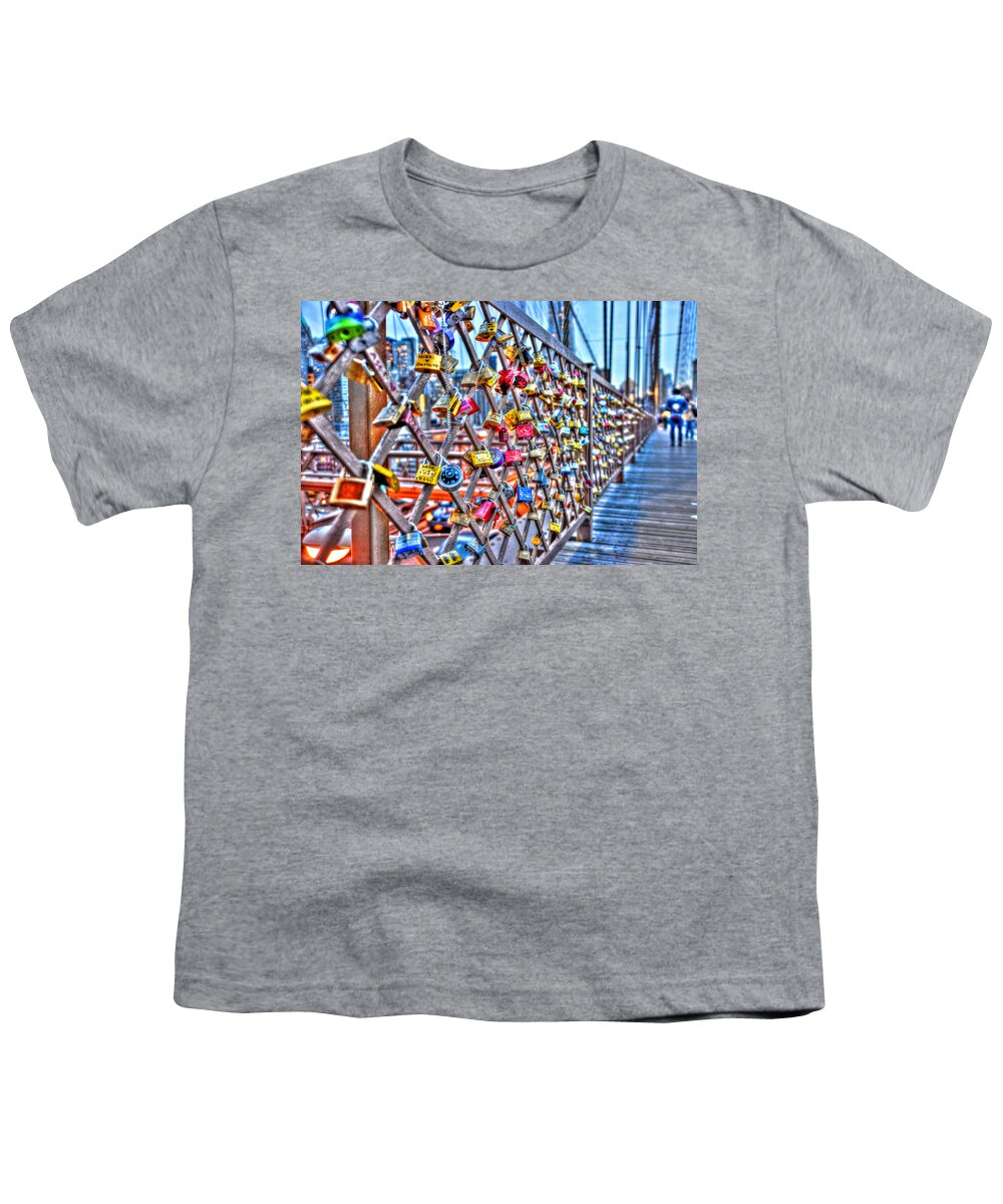 Love Locks Youth T-Shirt featuring the photograph Love Locks on the Brooklyn Bridge Too by Randy Aveille