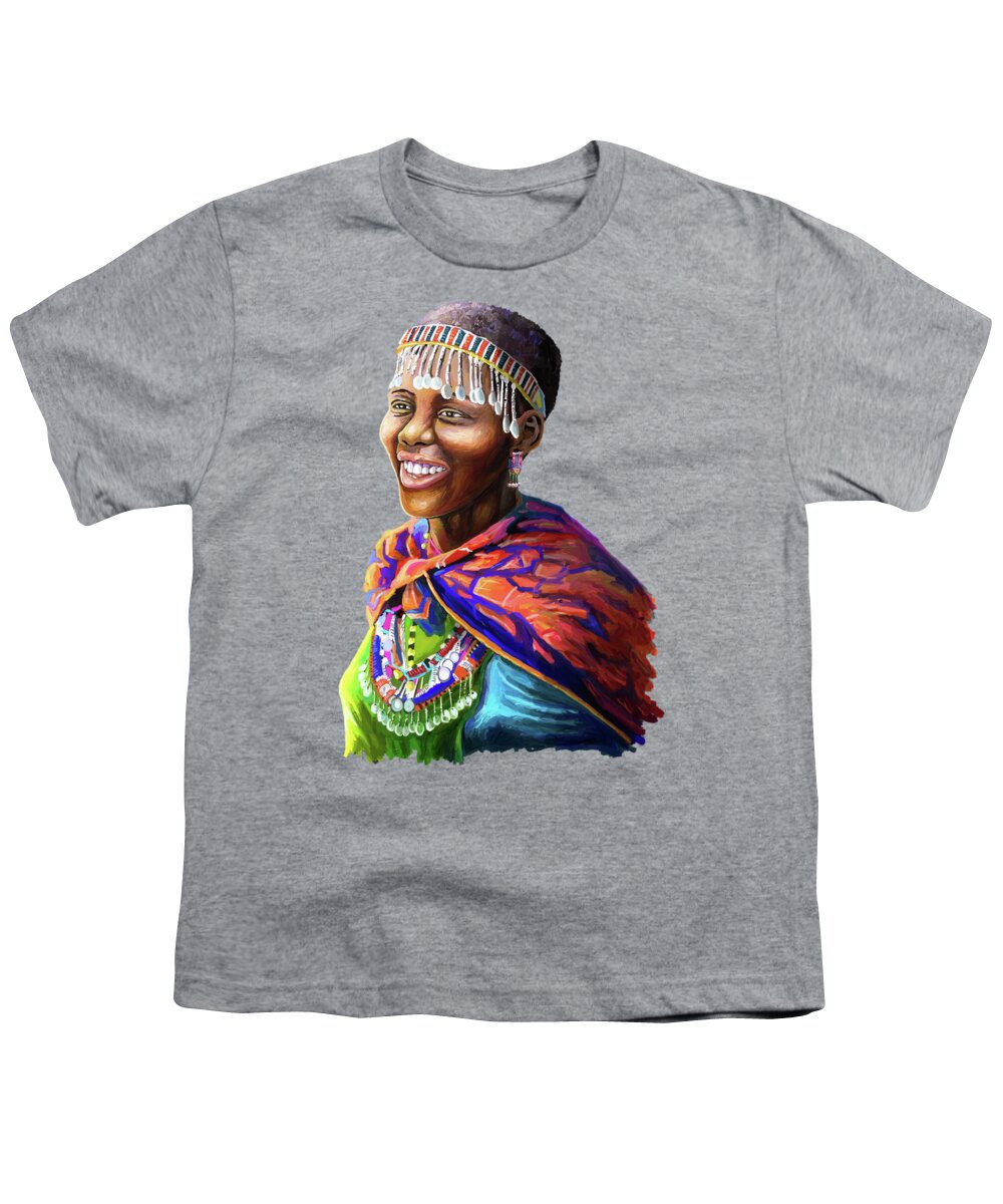 People Youth T-Shirt featuring the painting Maasai Girl by Anthony Mwangi