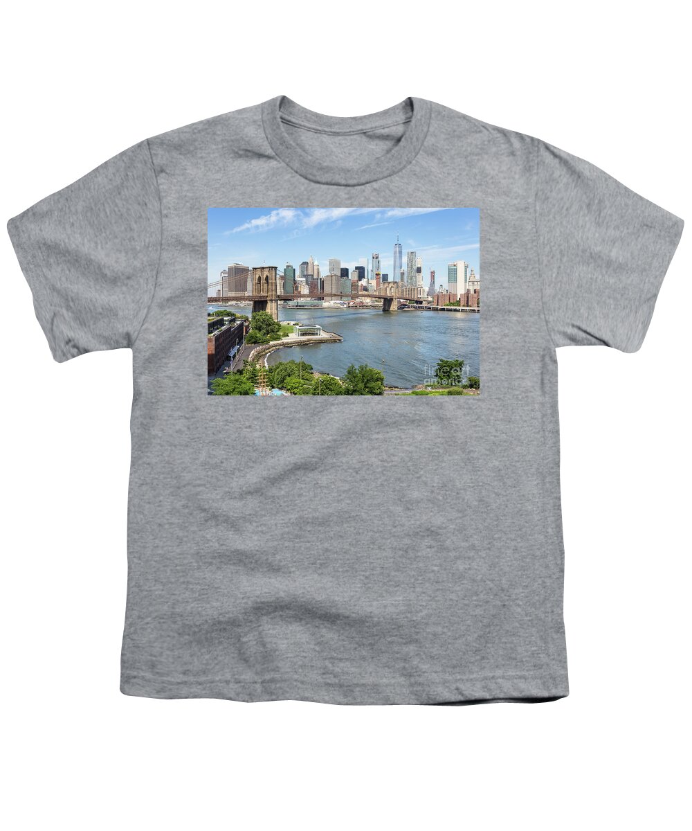America Youth T-Shirt featuring the photograph Manhattan financial district and the Brooklyn bridge. by Didier Marti