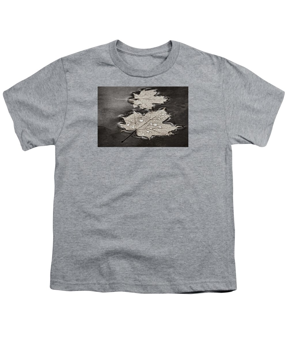 Maple Leaf Youth T-Shirt featuring the photograph Maple Leaves and Drops BW by Theo O'Connor