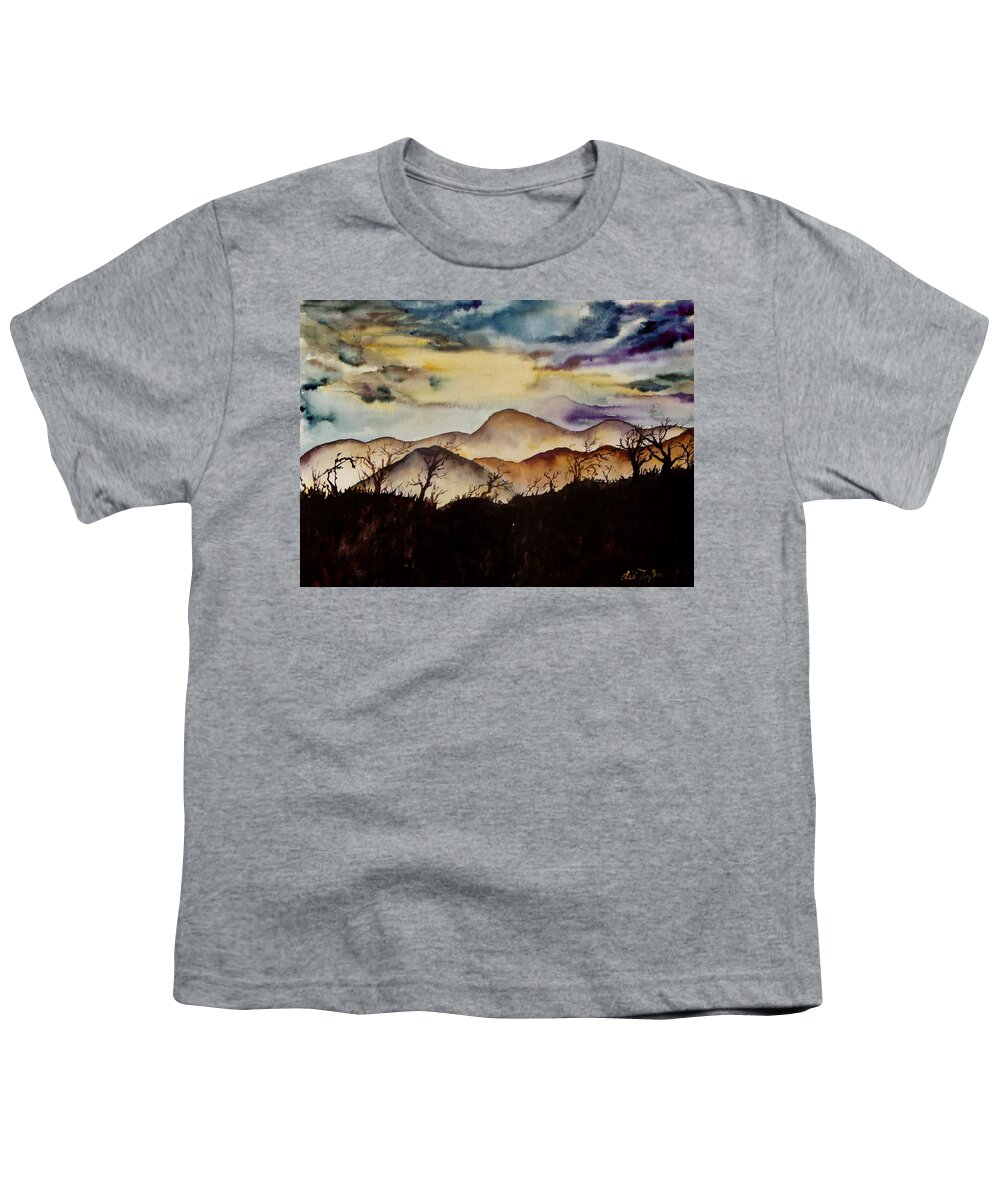 Fog Youth T-Shirt featuring the painting Misty Mountains by Lil Taylor
