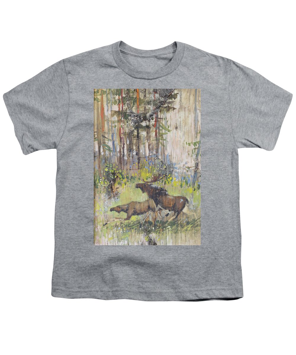 Moose Youth T-Shirt featuring the painting Moose Couple in the Wood by Ilya Kondrashov