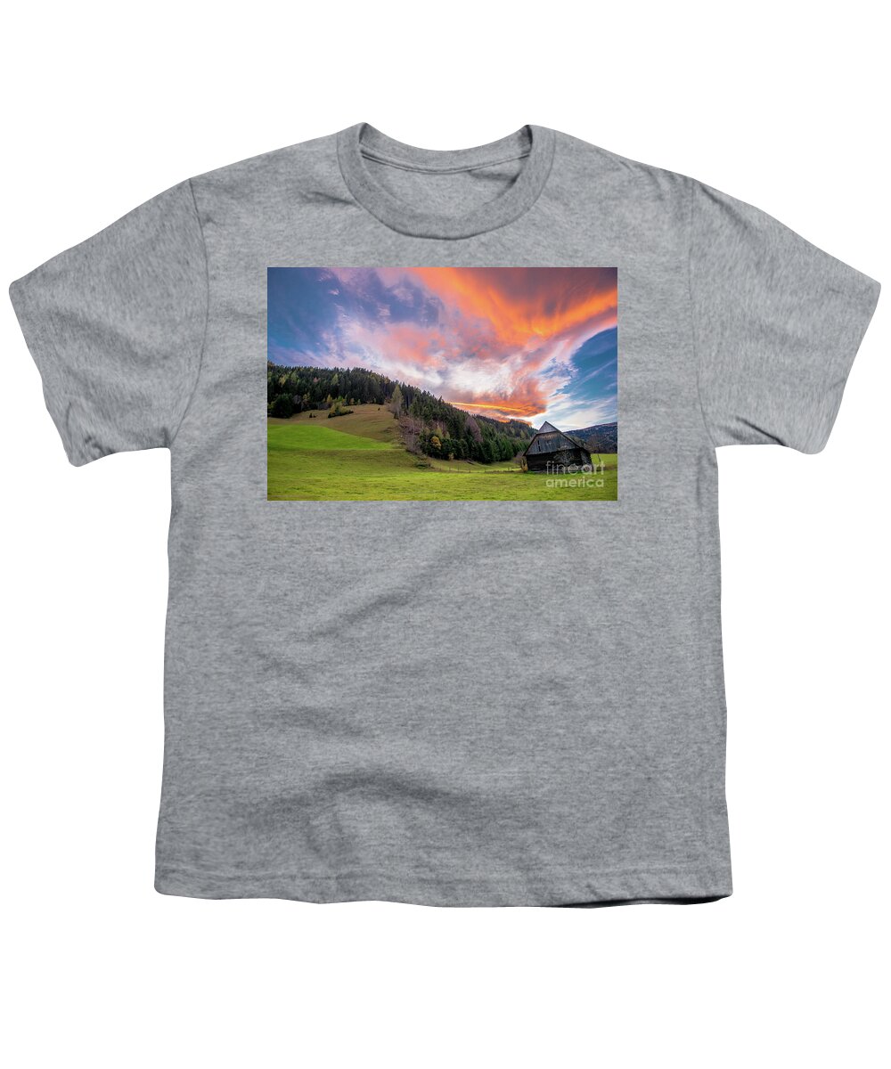 Barn Youth T-Shirt featuring the photograph Old Barn At Sunset With Red Clouds by Andreas Berthold