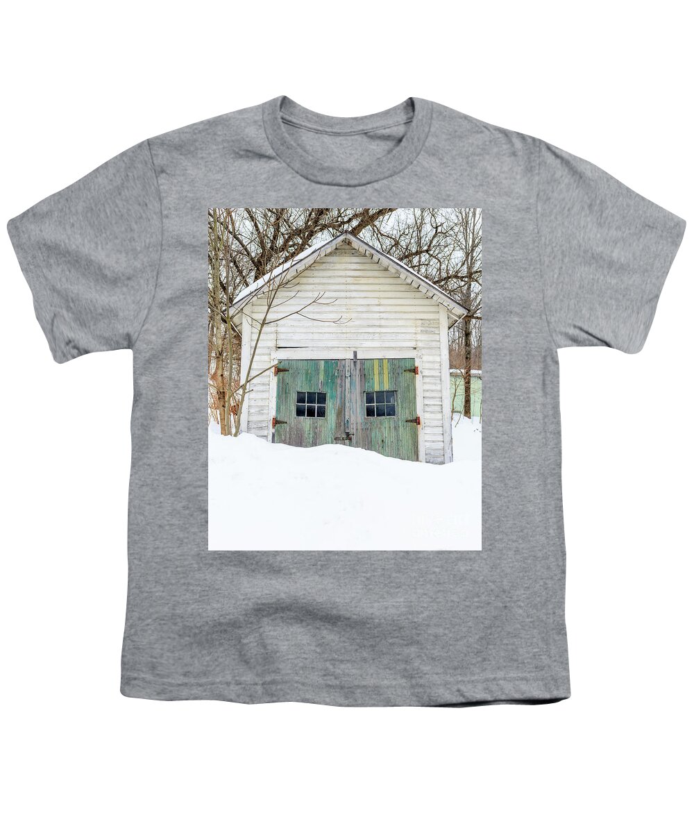 Vermont Youth T-Shirt featuring the photograph Old Wooden Garage in the Snow Woodstock Vermont by Edward Fielding