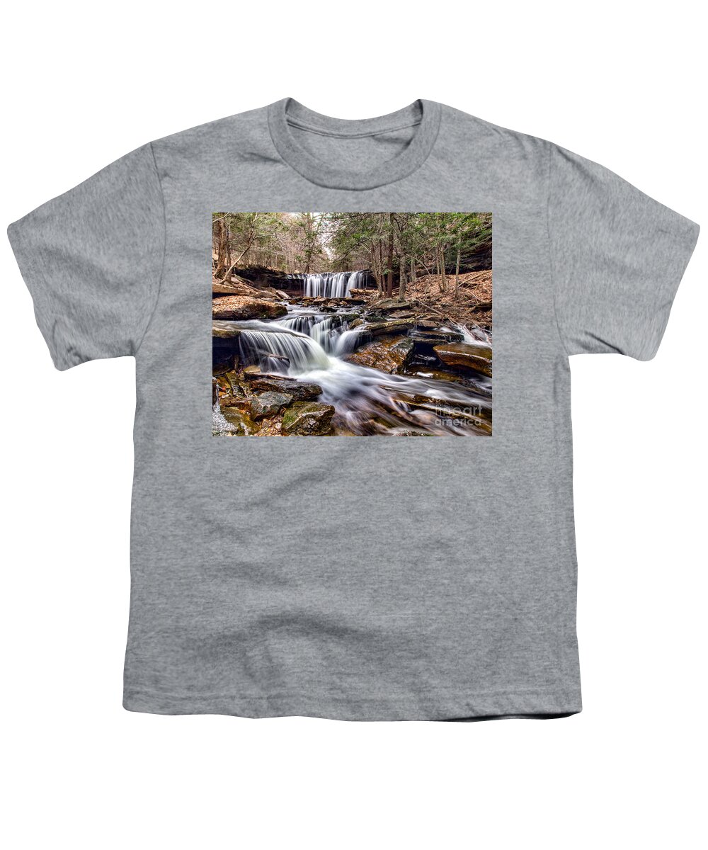 Another Spectacular Waterfalls From Rickett's Glen State Park In Pennsylviannia. This Is The Oneida Waterfalls Shot From Below To Incorporate A Few Minor Falls Into The Shot As Well. Youth T-Shirt featuring the photograph Oneida Falls by Rod Best