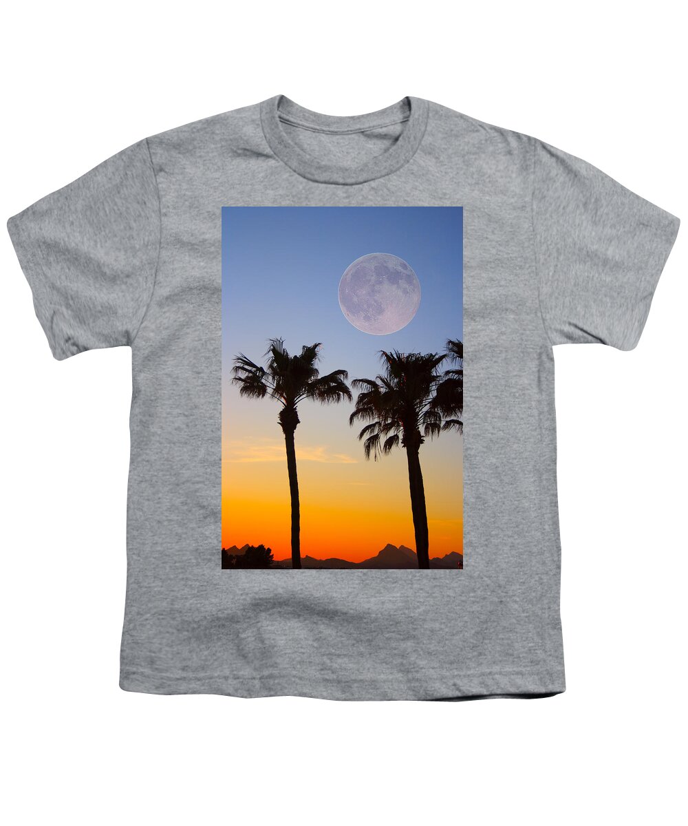 Palm Youth T-Shirt featuring the photograph Palm Tree Full Moon Sunset by James BO Insogna