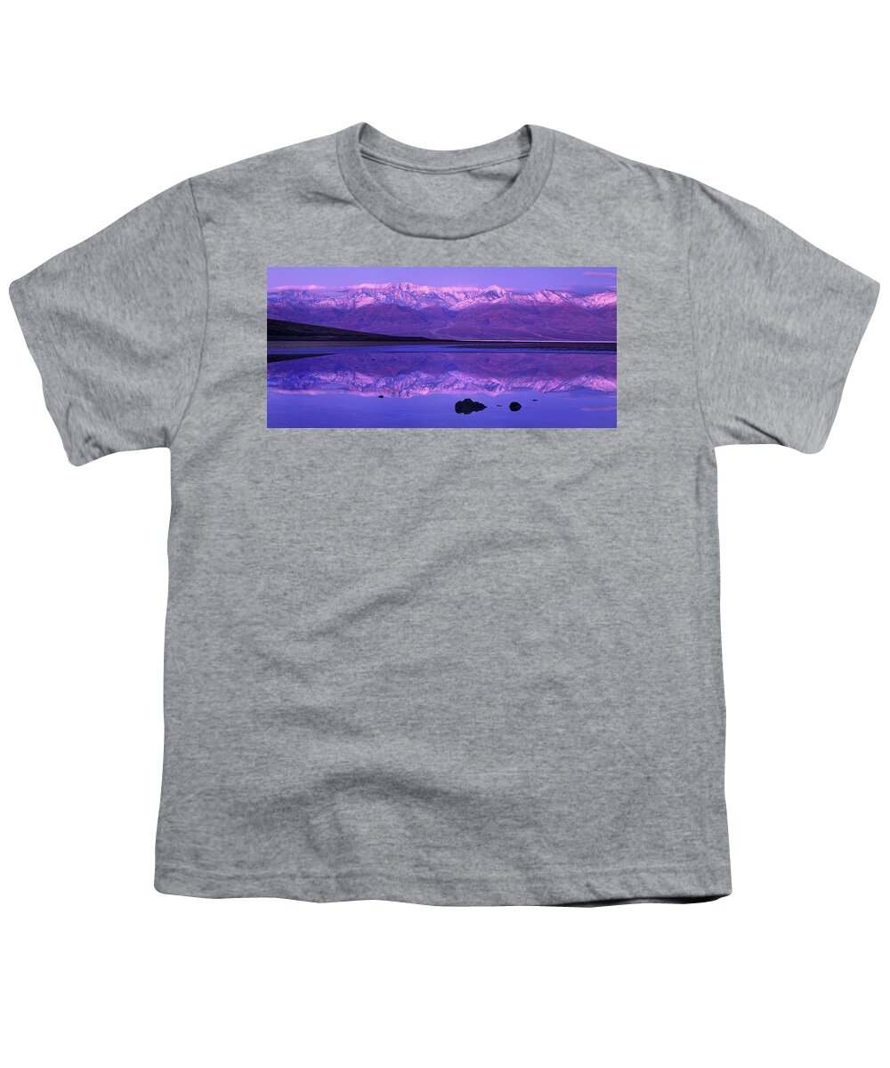 North America Youth T-Shirt featuring the photograph Panorama Badwater and the Panamint Range at Sunrise Death Valley by Dave Welling