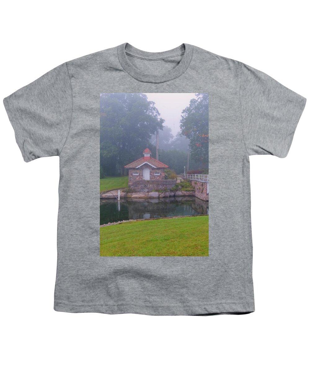 St Lawrence Seaway Youth T-Shirt featuring the photograph Pump House In Fog by Tom Singleton