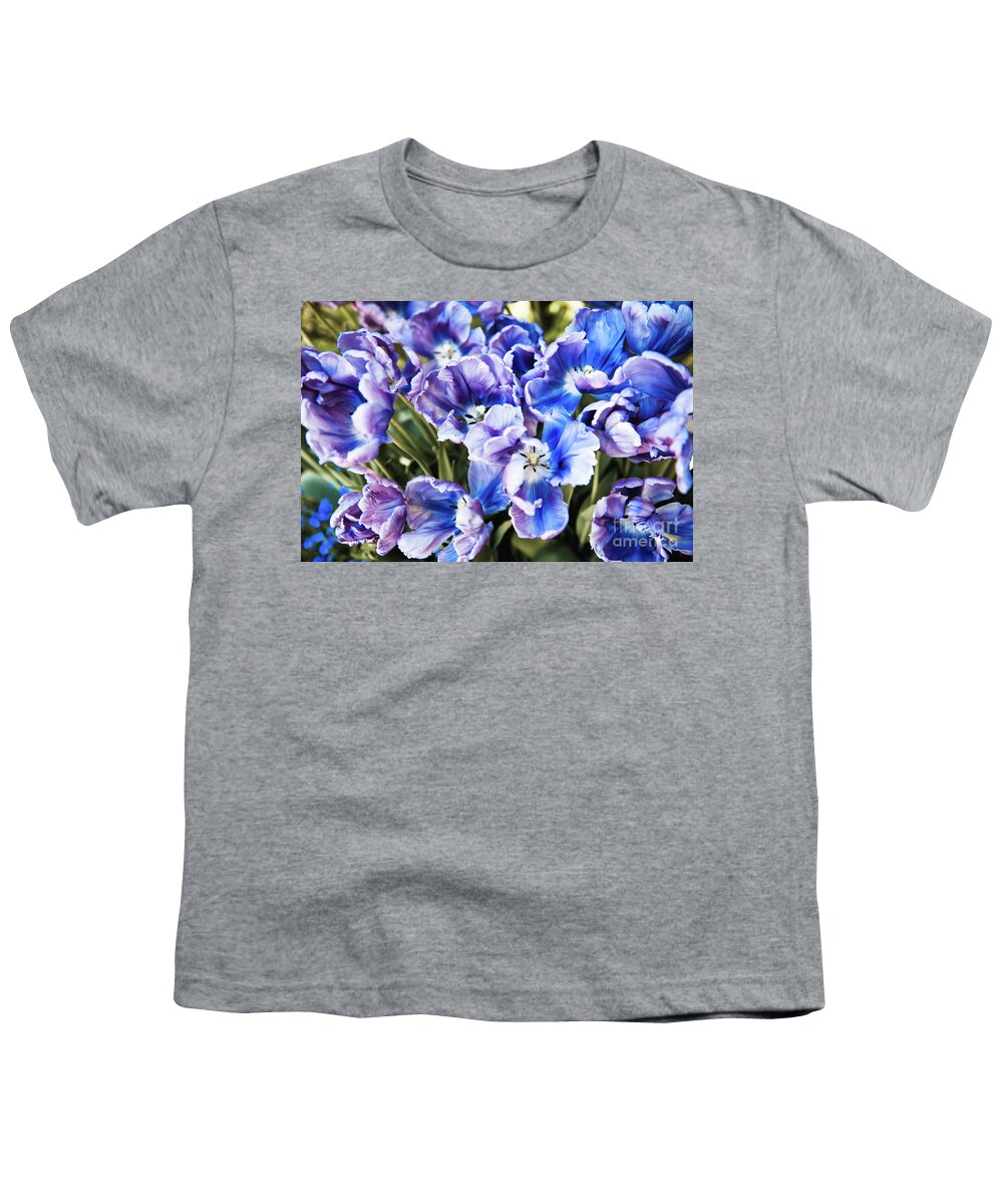 Purple Youth T-Shirt featuring the photograph Purple blue tulips blooming abstract by Arletta Cwalina