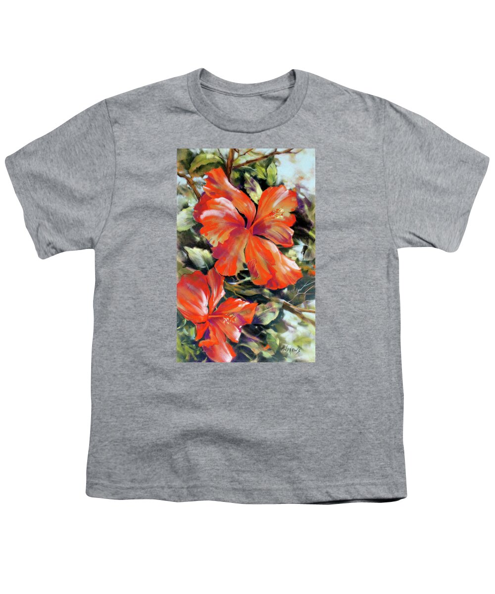 Flower Youth T-Shirt featuring the painting Red Fire Hibiscus by Rae Andrews