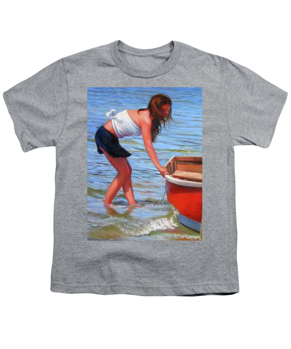 Girl At Shore Youth T-Shirt featuring the painting Red Rowboat by Marie Witte