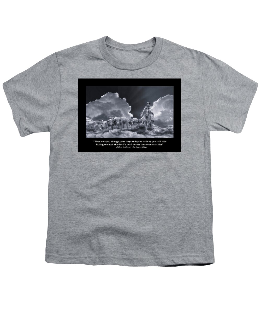 Spirit Youth T-Shirt featuring the digital art Riders in the Sky BW by Rick Mosher