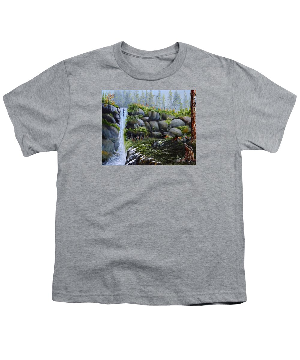 A Waterfalls In The Woods With Large Boulders Youth T-Shirt featuring the painting Rocky Falls by Martin Schmidt