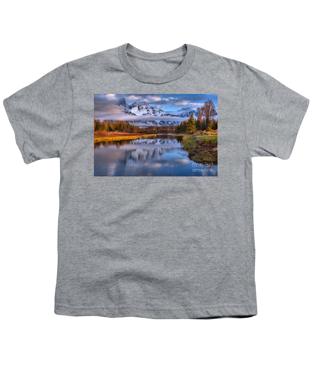 Teton Youth T-Shirt featuring the photograph Schwabacher Landing Pink Highlights by Adam Jewell