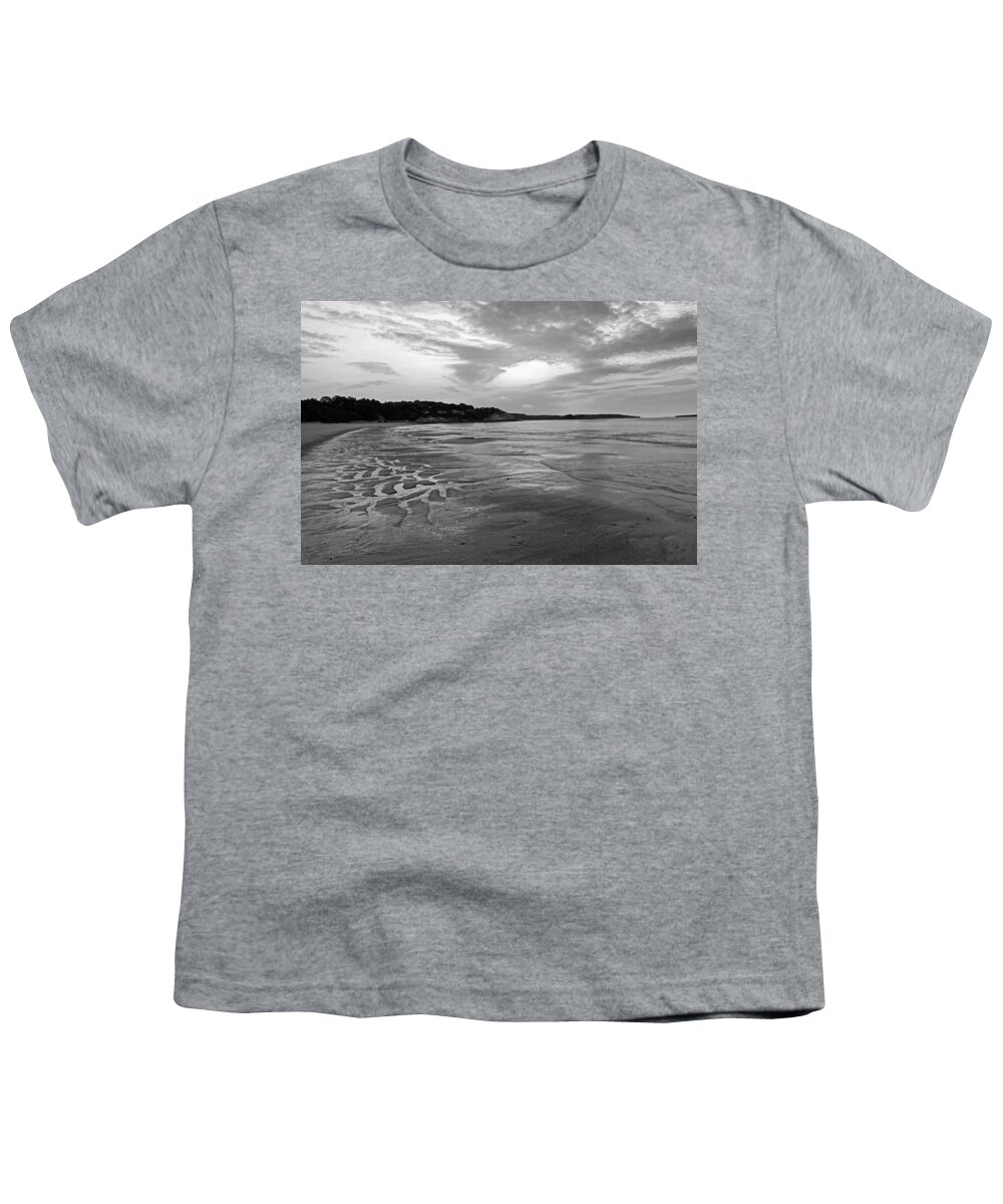 Manchester Youth T-Shirt featuring the photograph Singing Beach Sandy Beach Manchester by the Sea MA Sunrise Black and White by Toby McGuire