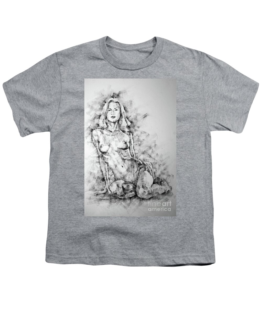 Art Youth T-Shirt featuring the drawing SketchBook Page 36 Female Sitting Pose Drawing by Dimitar Hristov