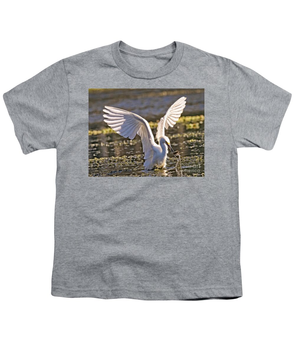 Nature Youth T-Shirt featuring the digital art Snowy Egret Makes The Catch - Egretta Thula by DB Hayes