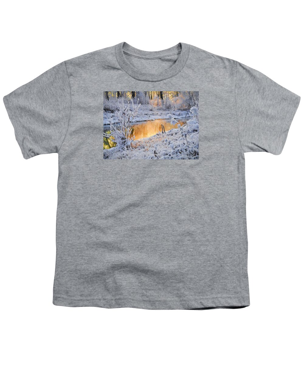 Landscape Youth T-Shirt featuring the digital art Snowy Sunset by Charmaine Zoe