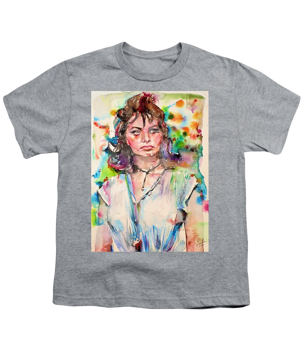 Sophia Loren Youth T-Shirt featuring the painting SOPHIA LOREN - watercolor portrait.2 by Fabrizio Cassetta