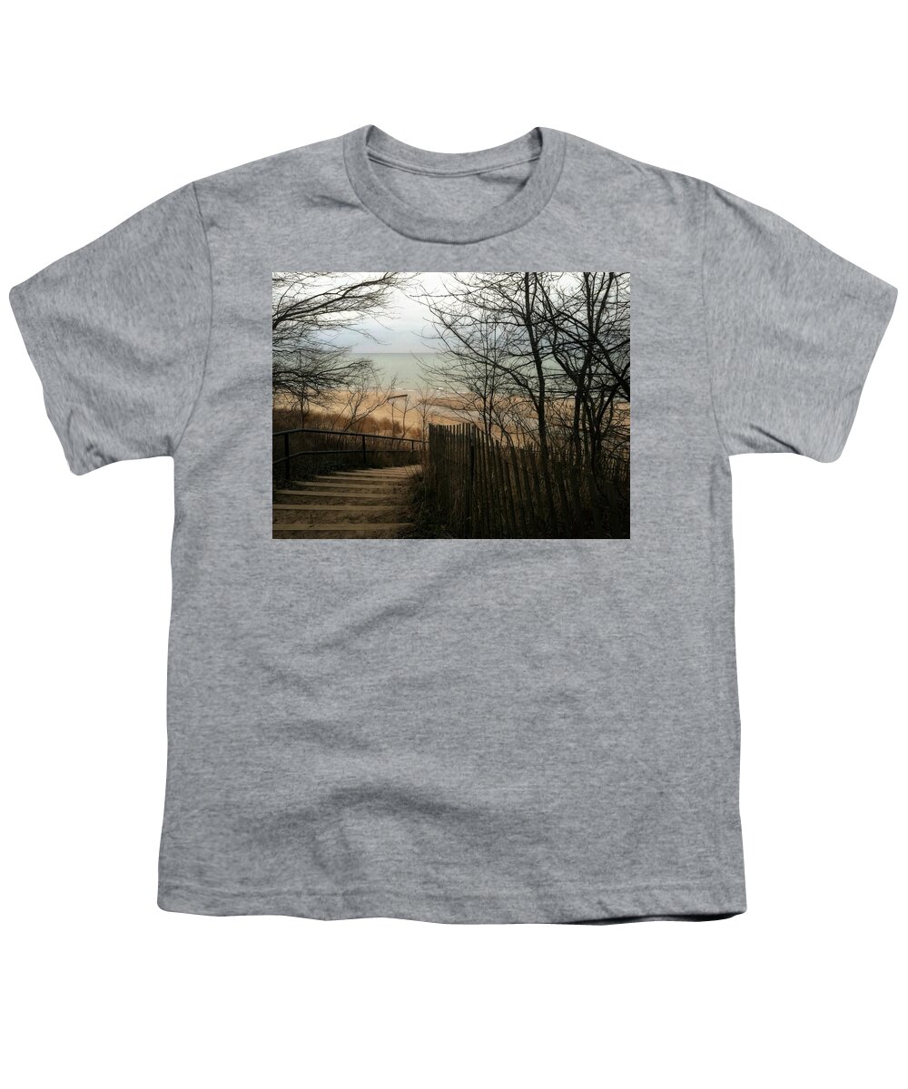 Michigan Youth T-Shirt featuring the photograph Stairs to the Beach in Winter by Michelle Calkins