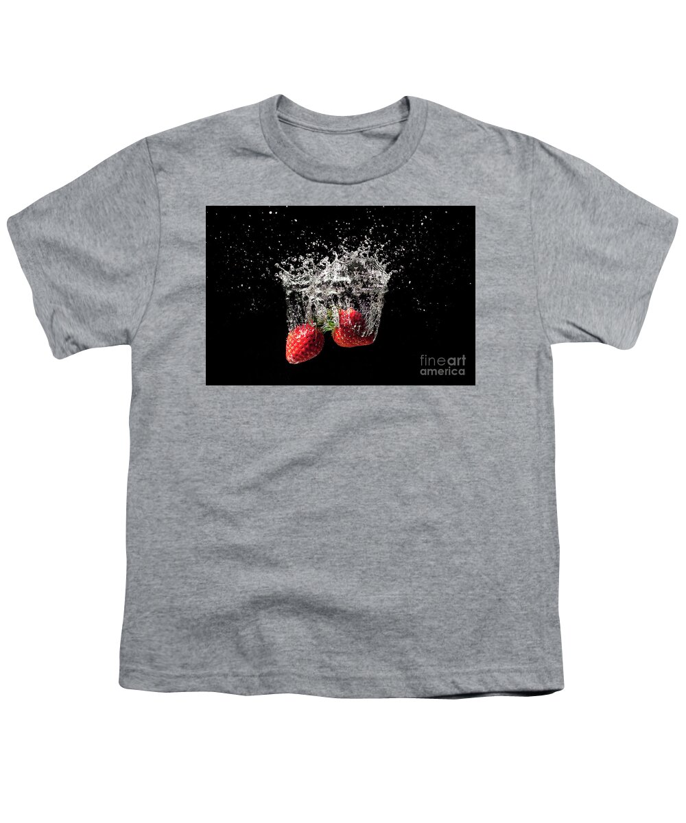 Strawberry Youth T-Shirt featuring the photograph Strawberry fruit big splash into water by Simon Bratt