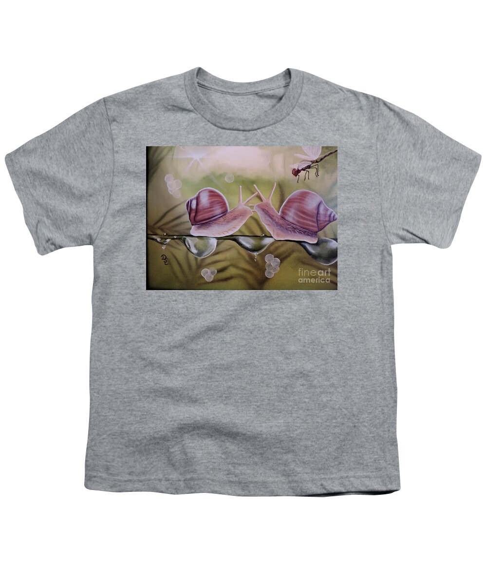 Snail Dragonfly Nature Insects Dew Drops Greens Golds Browns Shell Light Prisms Forest Slugs Water Plants Ferns Wings Youth T-Shirt featuring the painting Sue and Sammy Snail by Dianna Lewis