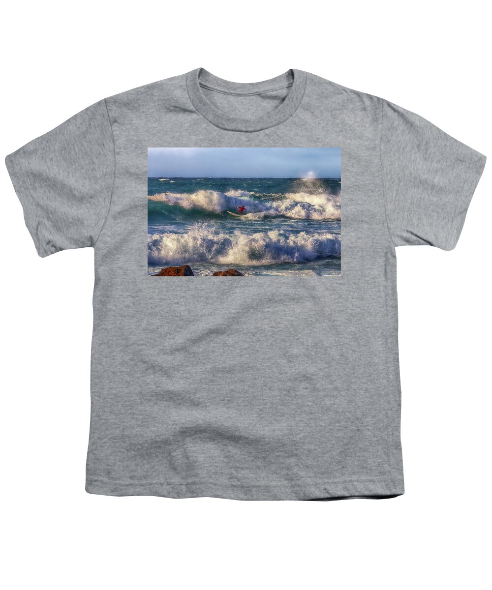 Surfing Youth T-Shirt featuring the photograph Surfing the Angry Sea by Susan Rissi Tregoning