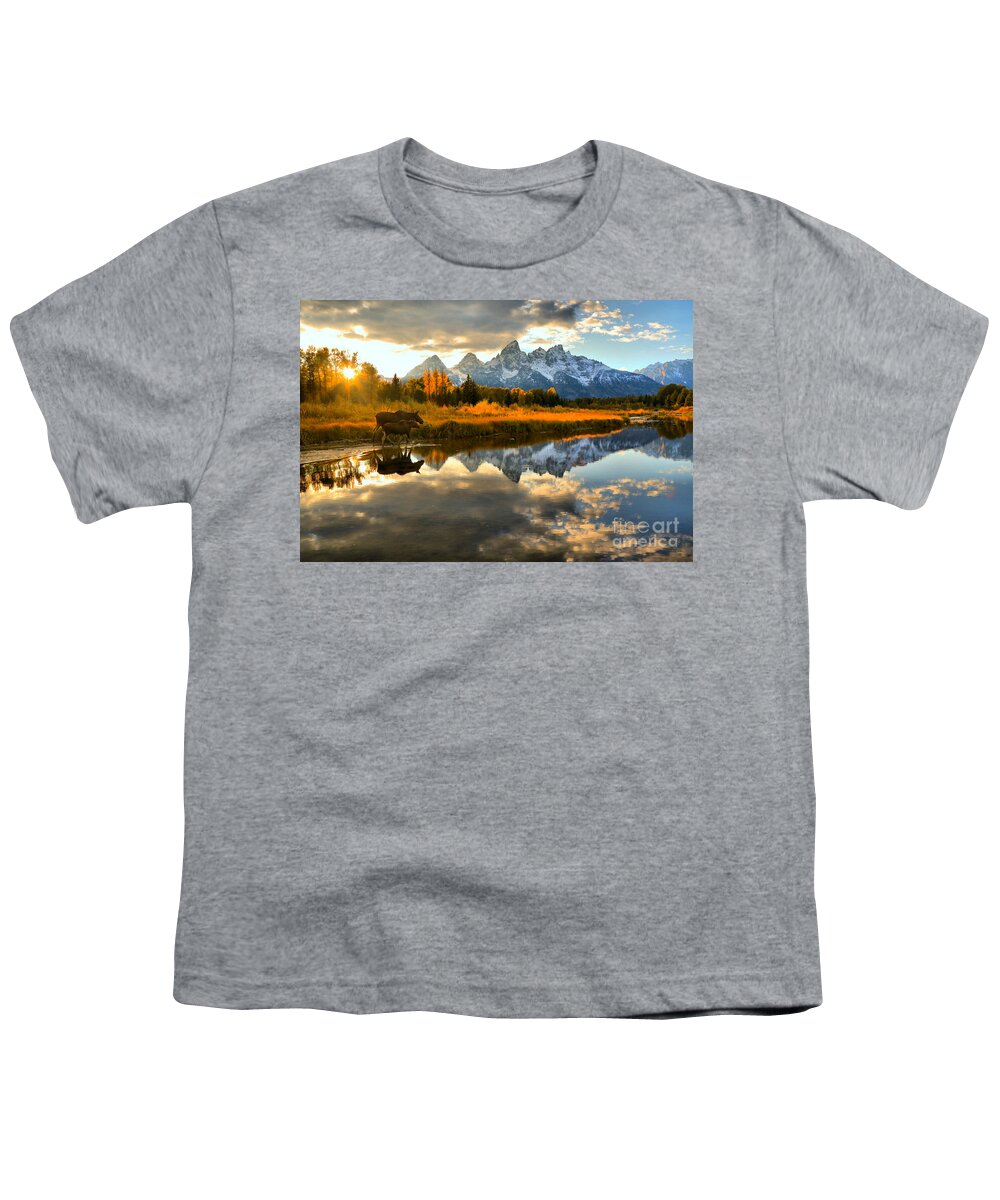Schwabacher Landing Youth T-Shirt featuring the photograph Teton Moose Sunset Stroll by Adam Jewell