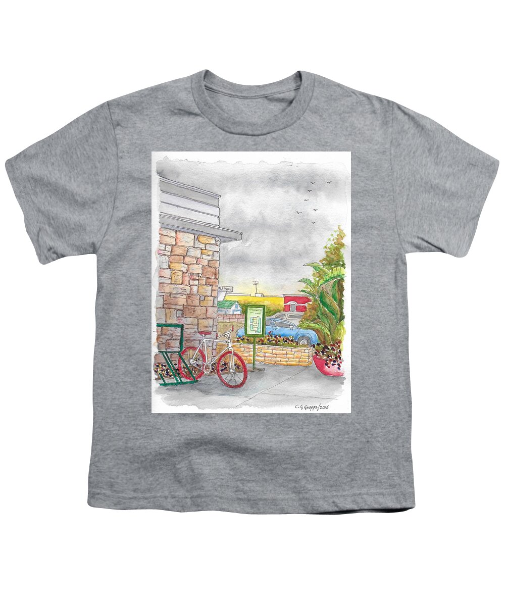 Nature Youth T-Shirt featuring the painting The Red Bycicle in The Farmers Market, 3rd and Fairfax, Los Angeles, CA by Carlos G Groppa