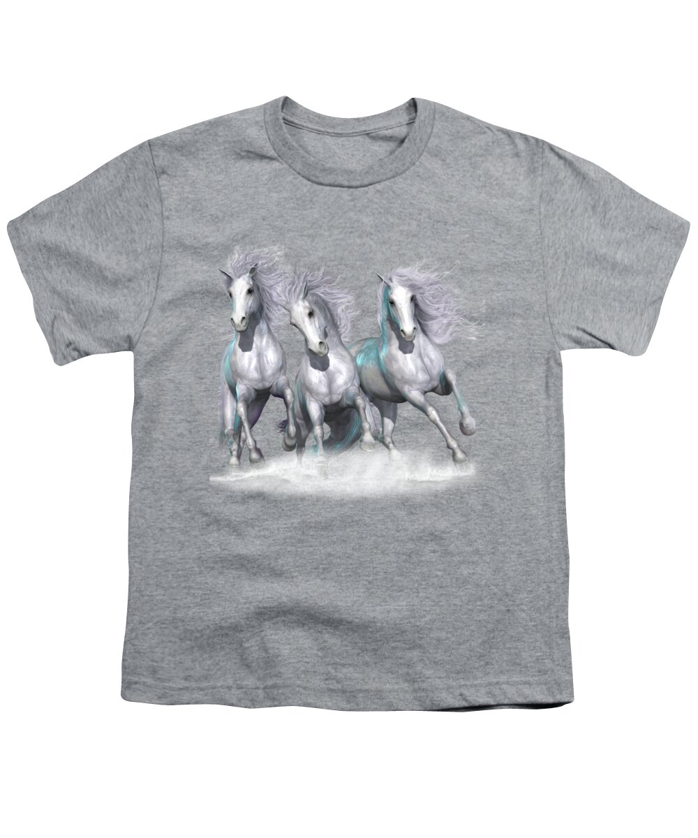 Galloping Horses Youth T-Shirt featuring the digital art Trinity Galloping Horses Blue by Shanina Conway