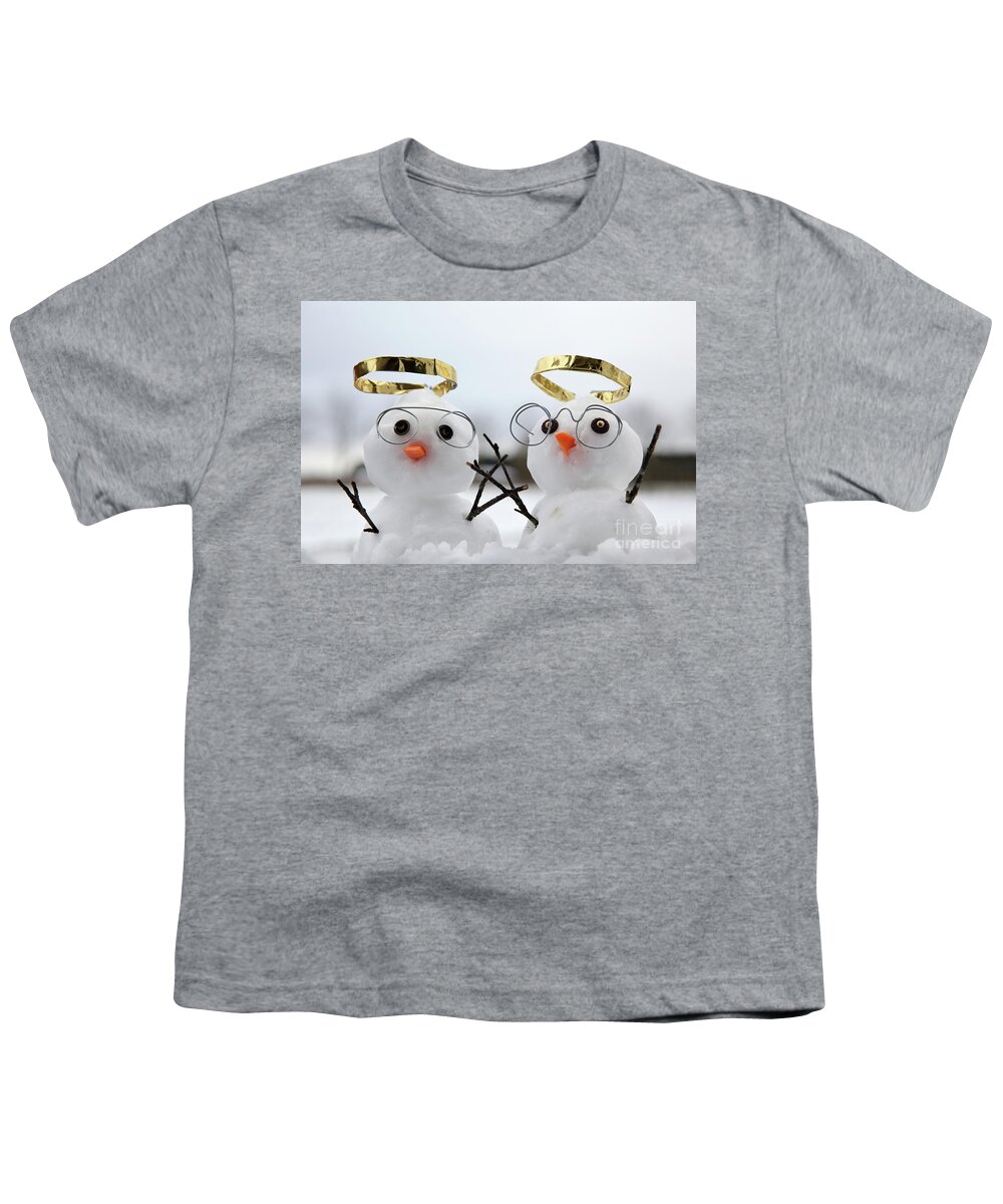 Snowmen Youth T-Shirt featuring the photograph Two cute snowman angles with golden halos by Simon Bratt