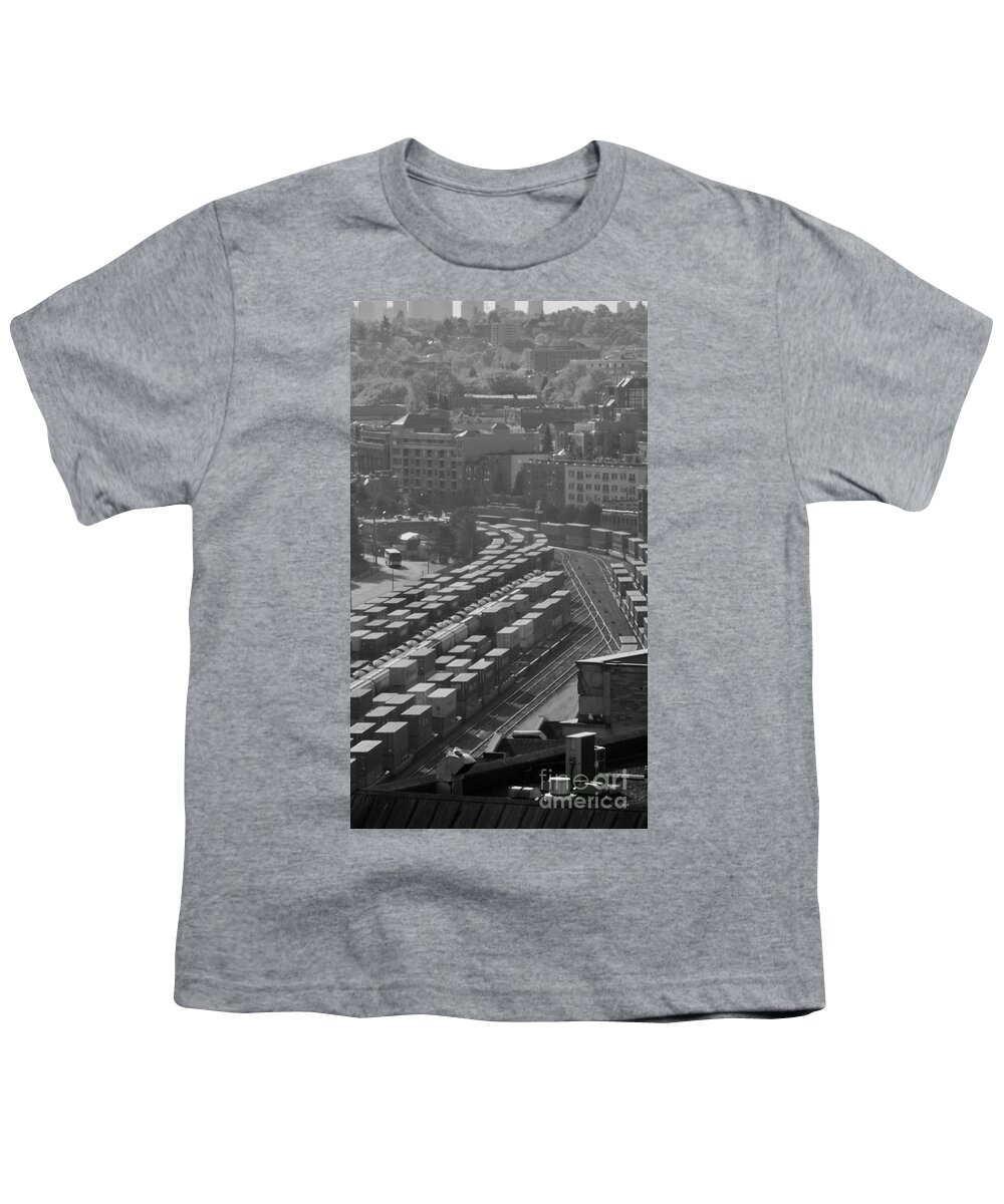 Black And White Railroad Cars Hazy Morning Youth T-Shirt featuring the photograph Vancouver, BC Series 1-3 by J Doyne Miller