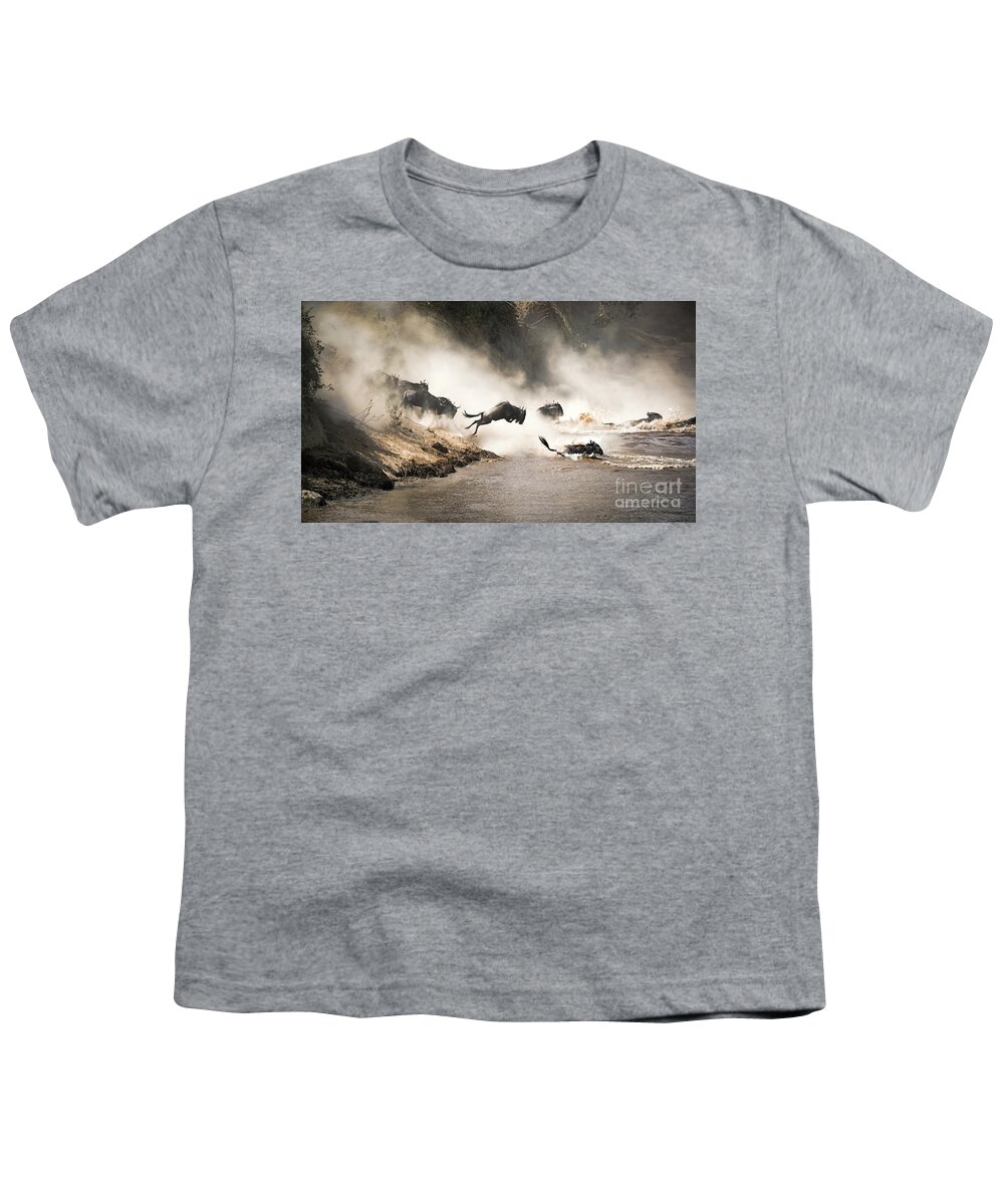 Mara Youth T-Shirt featuring the photograph Wildebeest leap of faith into the Mara River by Jane Rix