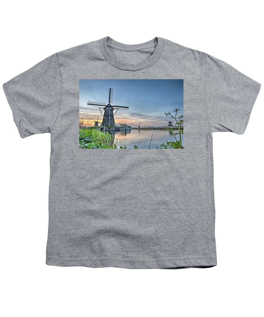 Kinderdijk Youth T-Shirt featuring the photograph Windmill at Kinderdijk by Frans Blok