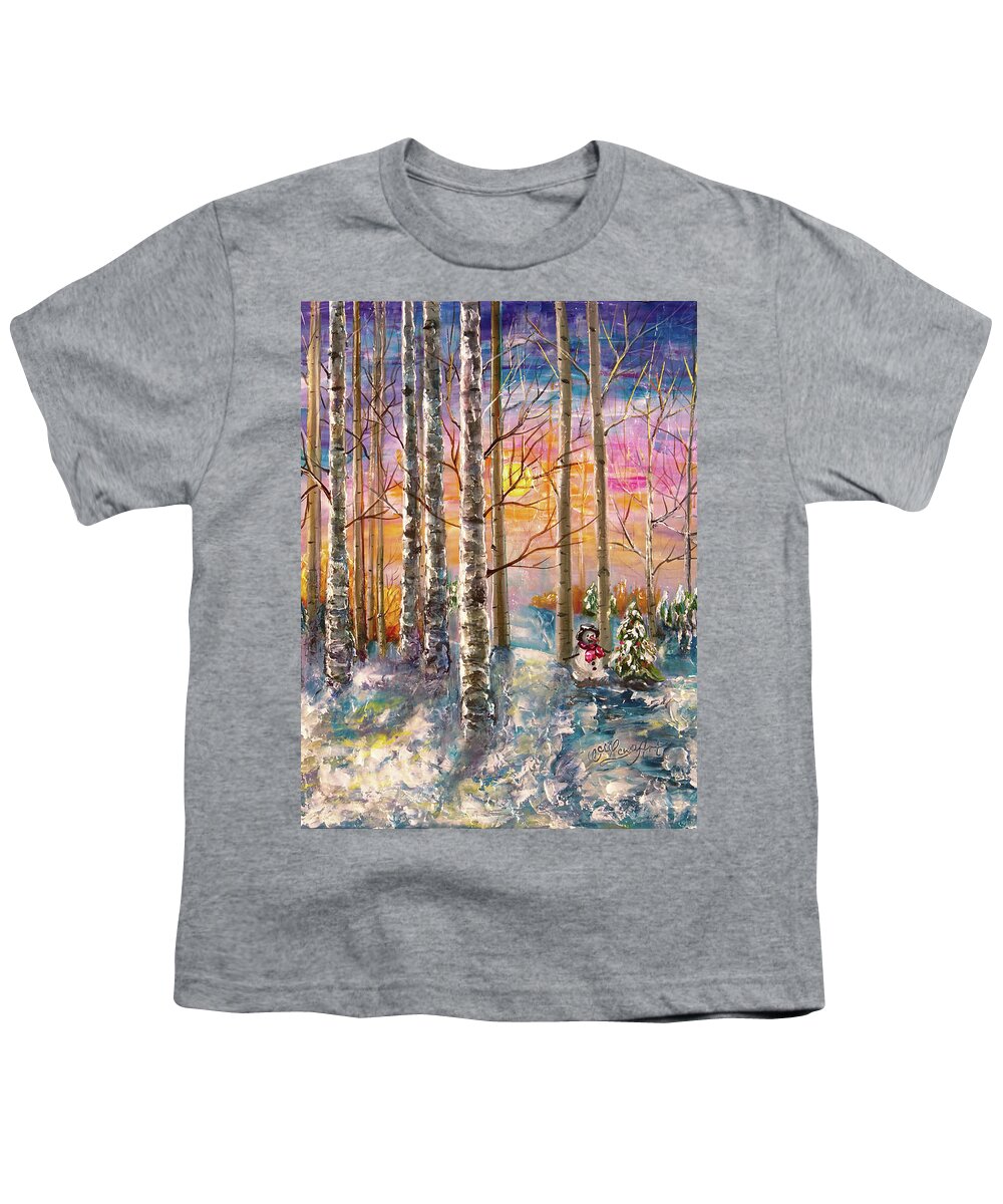 Impressionism Youth T-Shirt featuring the digital art Dylan's Snowman - Winter Sunset Landscape Impressionistic Painting with palette knife by Lena Owens - OLena Art Vibrant Palette Knife and Graphic Design