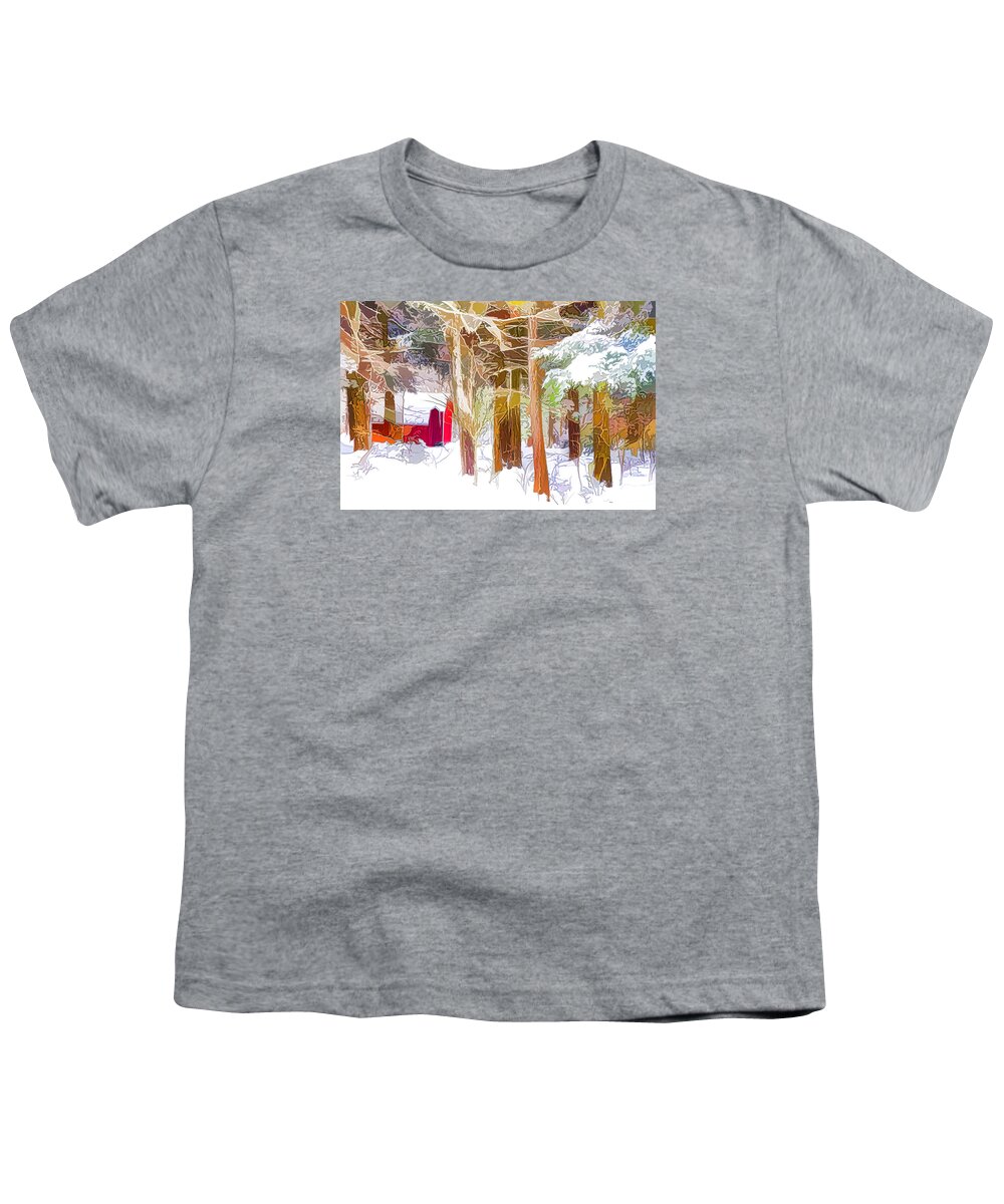 Shed Youth T-Shirt featuring the painting Wooden shed in winter by Jeelan Clark