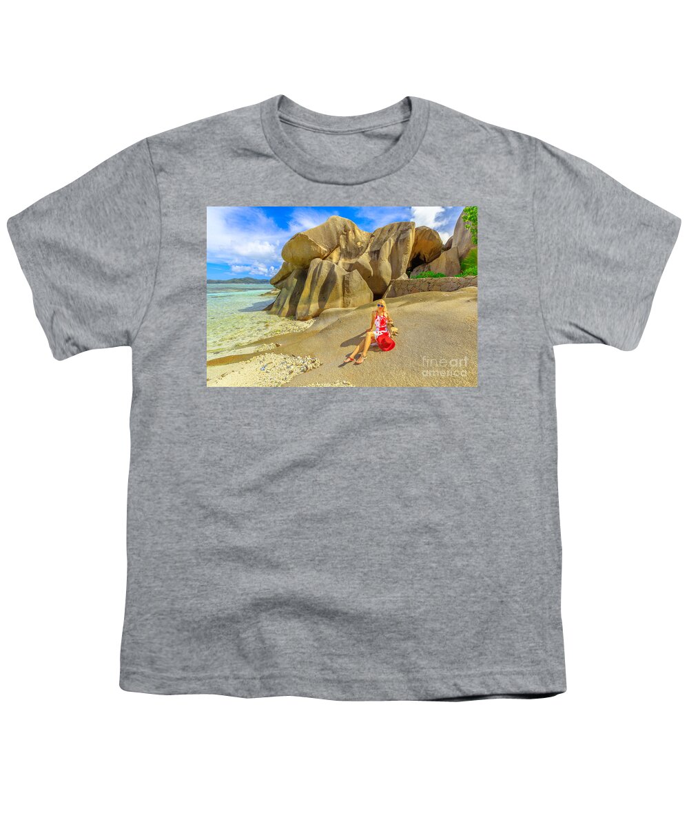 Anse Source Dargent Youth T-Shirt featuring the photograph Tourist woman at Seychelles #1 by Benny Marty