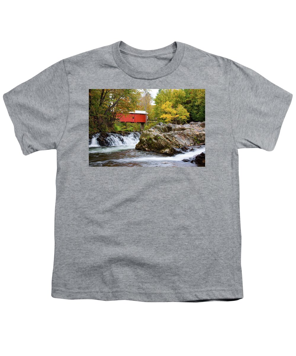 Slaughterhouse Covered Bridge Youth T-Shirt featuring the photograph Vermont covered bridge in autumn #1 by Jeff Folger