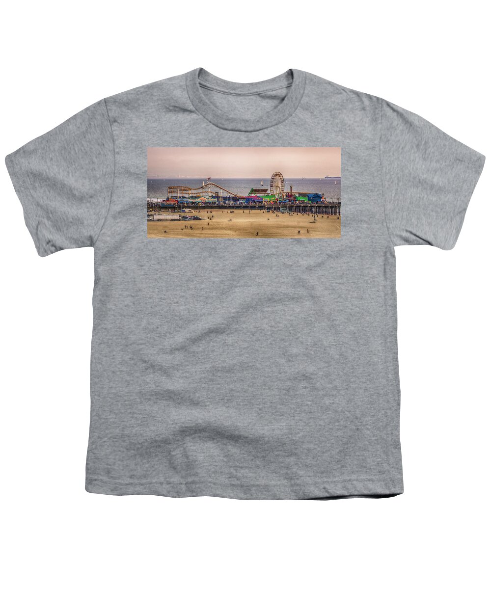 Santa Youth T-Shirt featuring the photograph Santa Monica Pier On Pacific Coast At Sunset #2 by Alex Grichenko