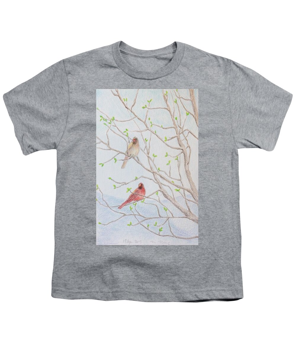 Framed Prints Youth T-Shirt featuring the drawing A pair of cardinals on magnolia tree by Milly Tseng