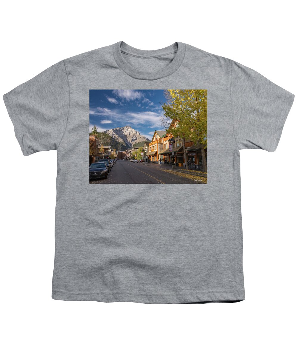 Banff Youth T-Shirt featuring the photograph Banff and Cascade Mountai by Tim Kathka