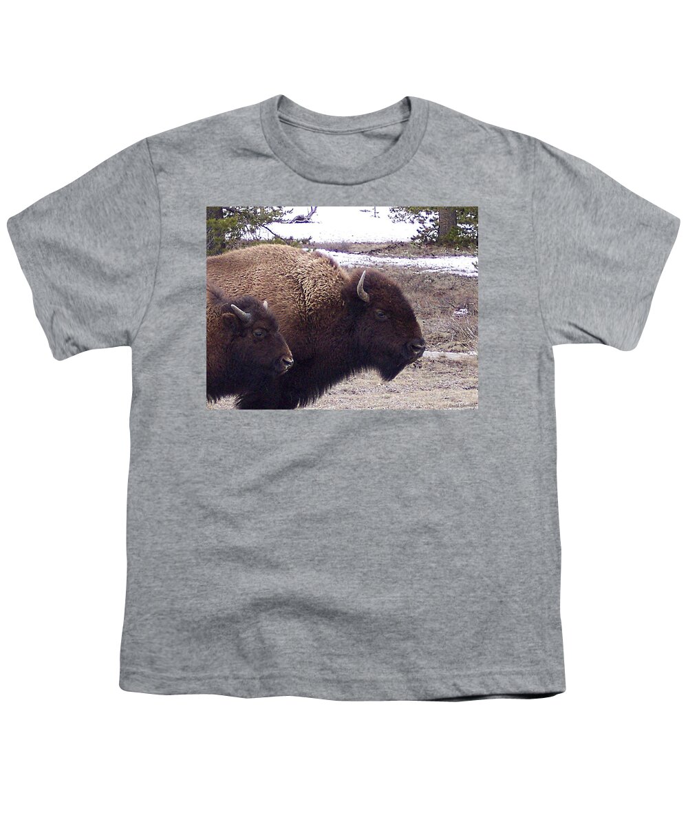 Yellowstone Youth T-Shirt featuring the photograph Bison Mother and Calf by Enaid Silverwolf