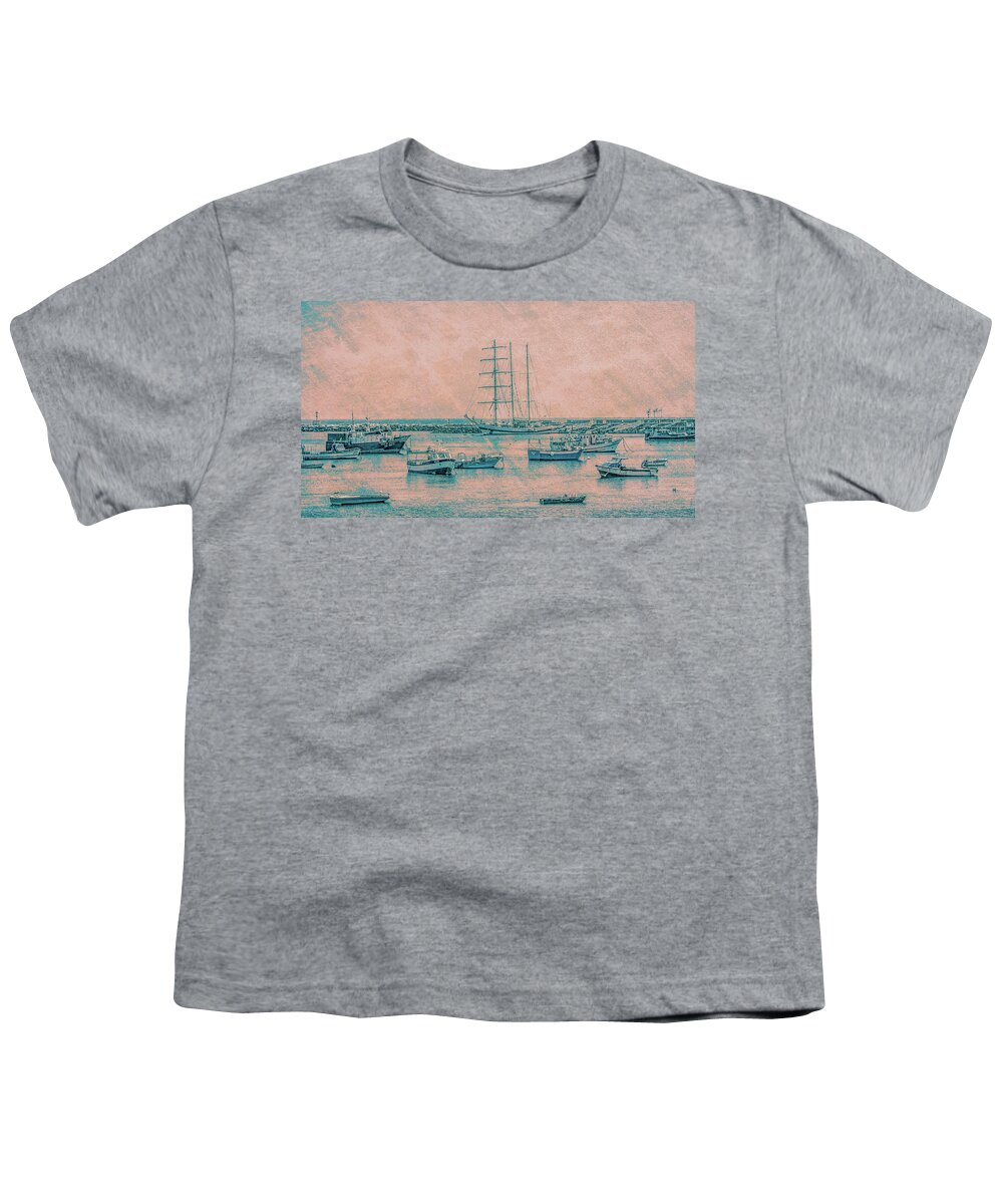 Cascais Youth T-Shirt featuring the photograph Cascais Harbor, Antiqued by Marcy Wielfaert