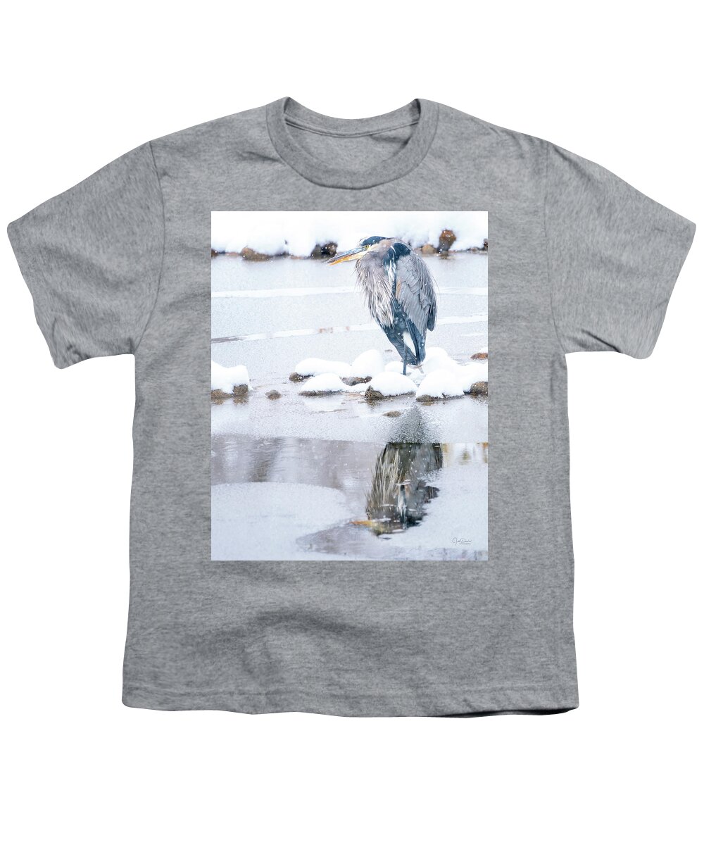Great Blue Heron Youth T-Shirt featuring the photograph Great Blue Heron in Snow with Reflection by Judi Dressler