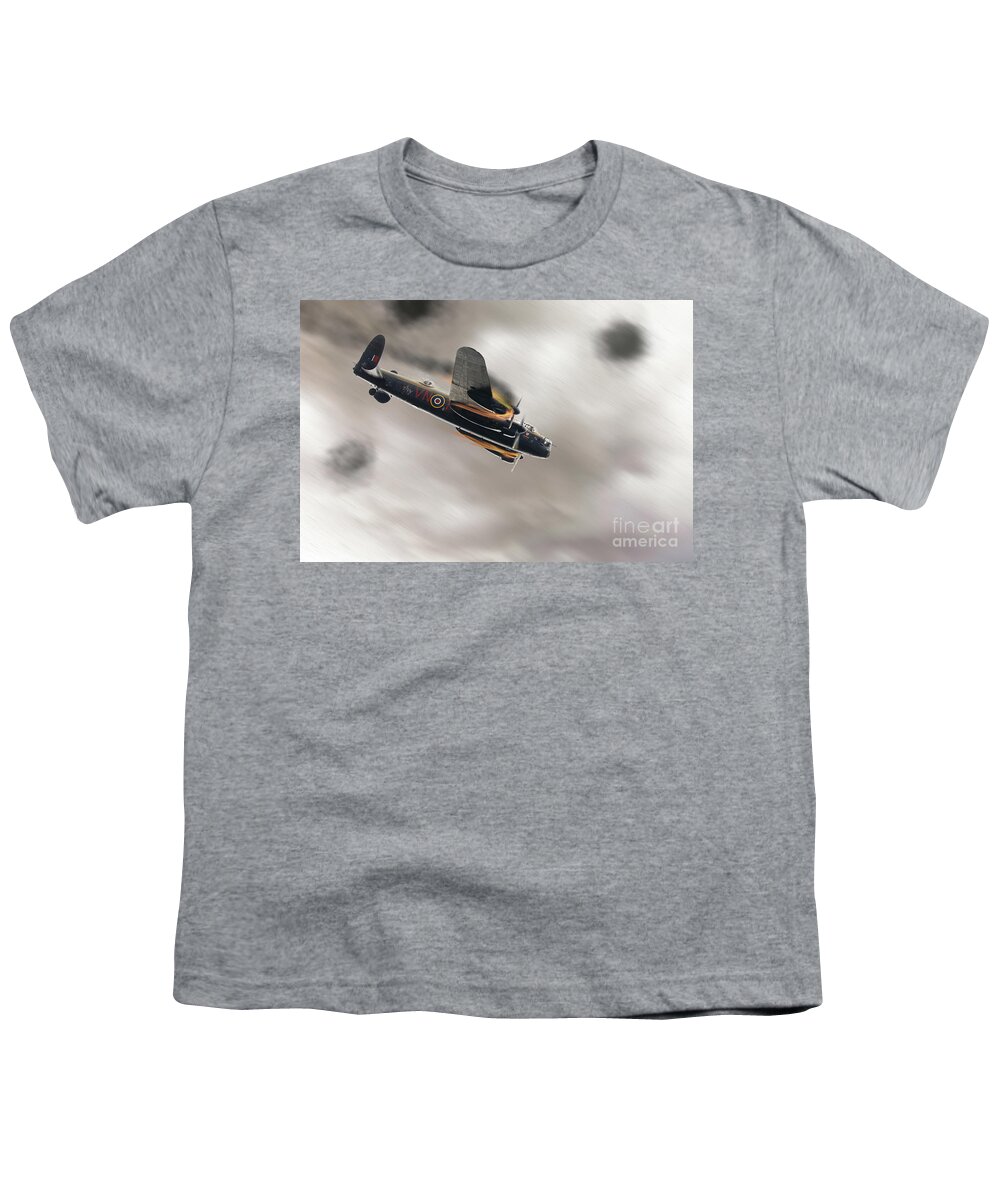 Lancaster Bomber Youth T-Shirt featuring the photograph Lancaster bomber on fire crashing by Simon Bratt