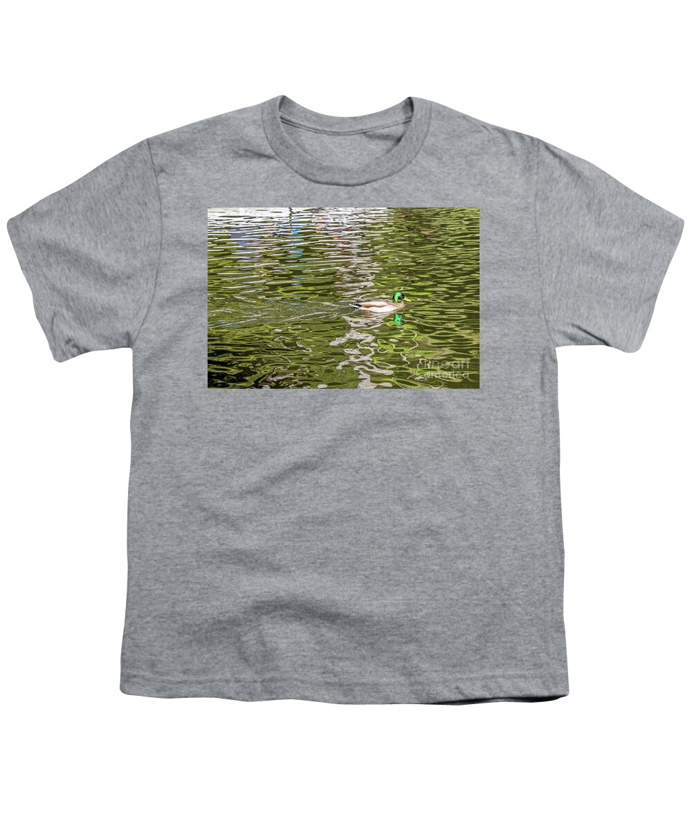 Mallard Youth T-Shirt featuring the photograph Mallard Reflected with Boat by Kate Brown