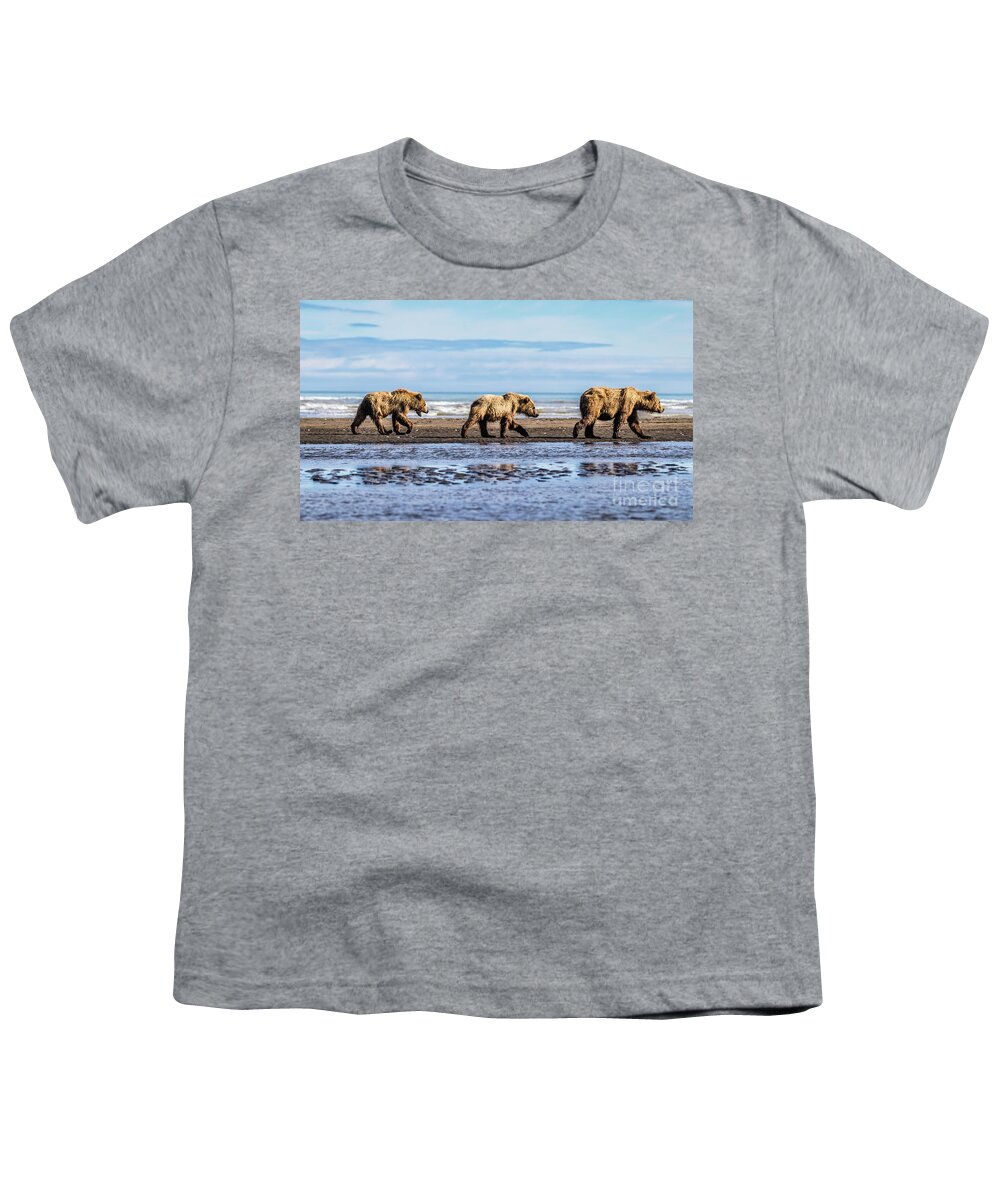 Bear Youth T-Shirt featuring the photograph Mama bear and her two cubs on the beach by Lyl Dil Creations